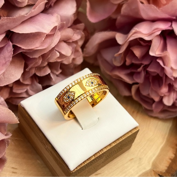 Boho 18K Gold Blue Crystal Evil Eye Band - Picture 6 of 13